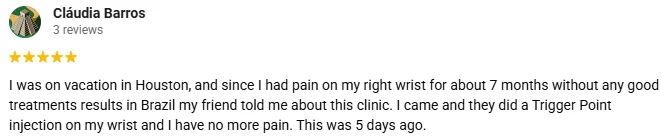 Regenerative Medicine Houston TX Testimonial Claudia B A 5-star Google review for Houston Regen-U Med praising their trigger point injection treatment